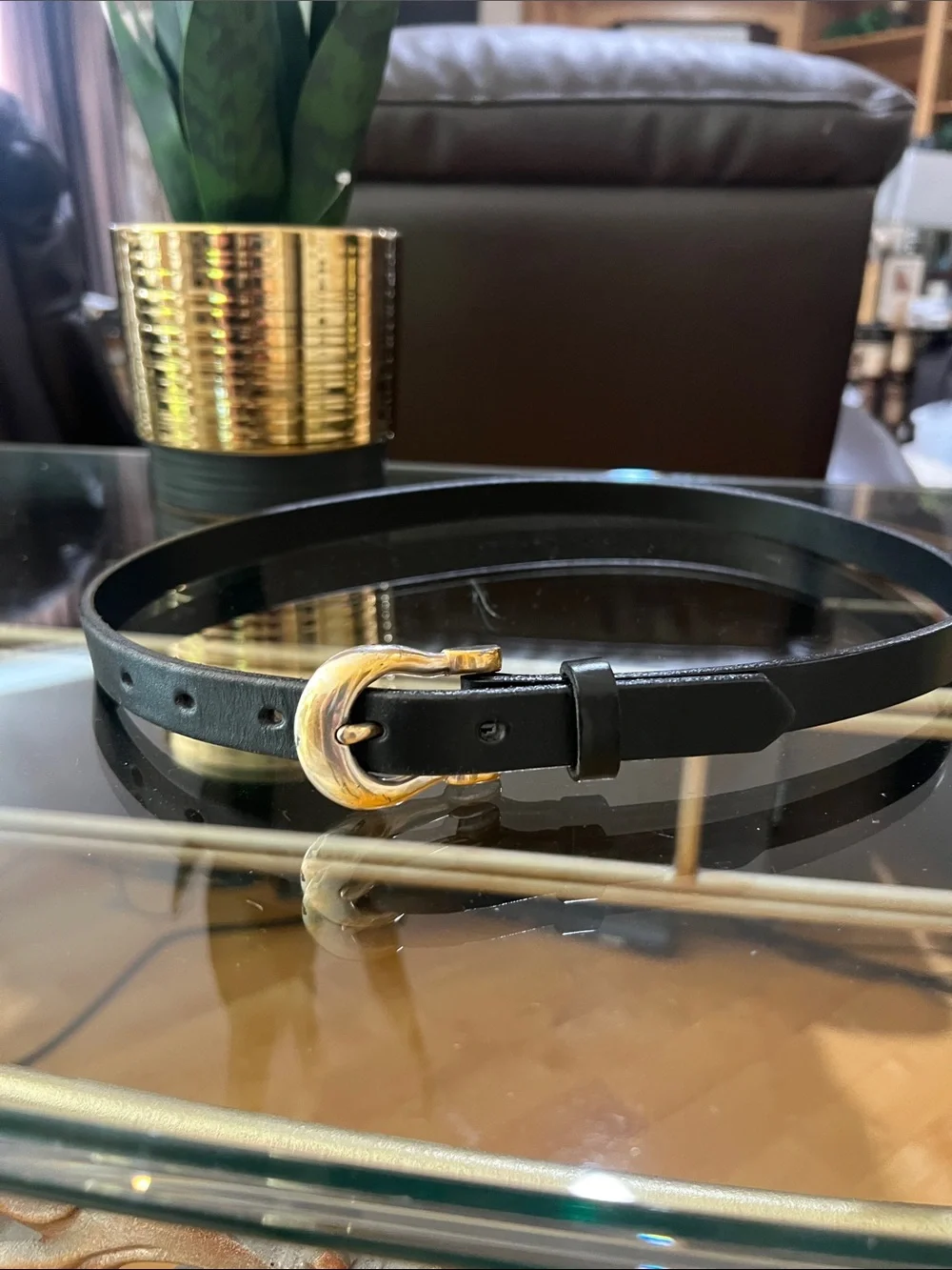 Classic Black Leather Belt with Gold Buckle